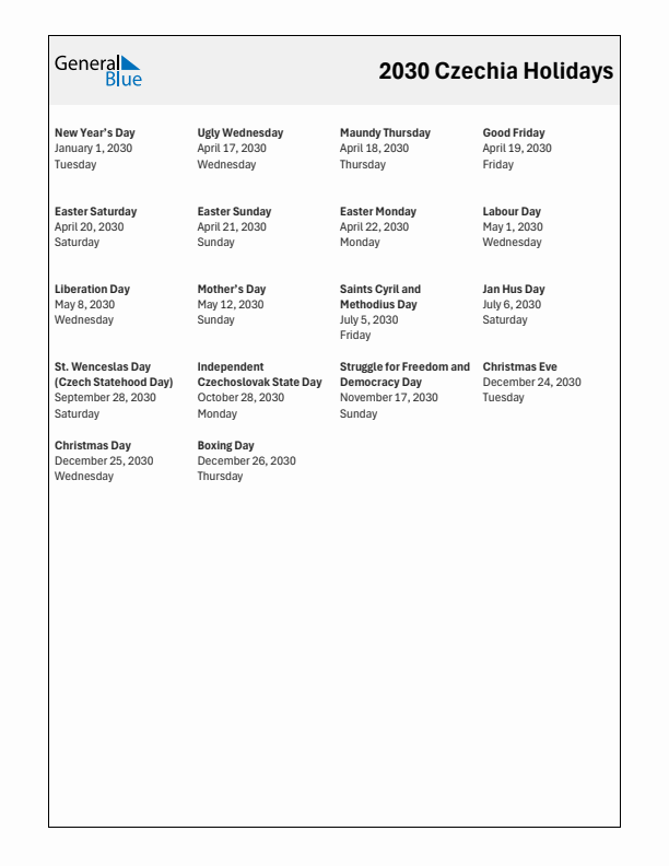 Free printable list of Czechia holidays for year 2030