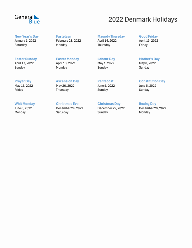 Free printable list of Denmark holidays for year 2022