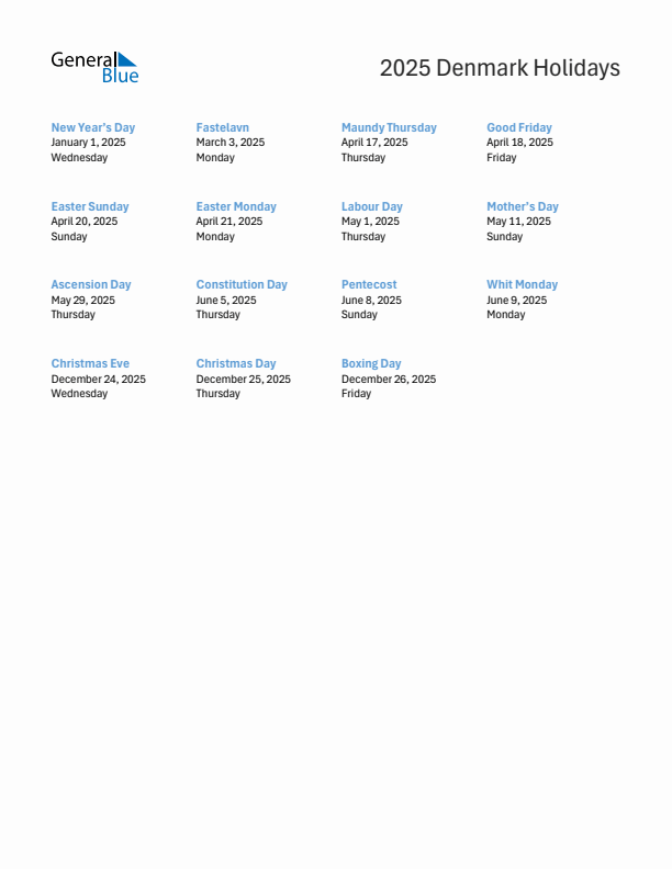 2025 Denmark List of Holidays in PDF, Word, and Excel