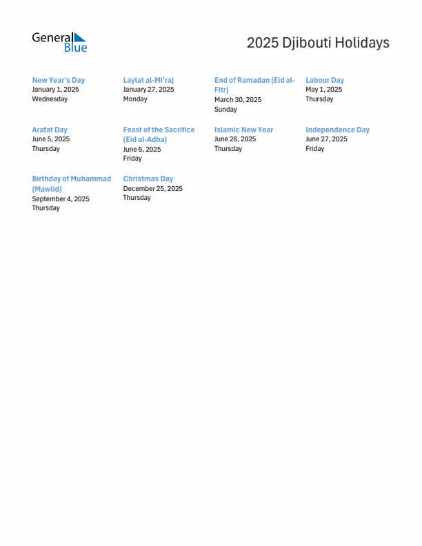 Free printable list of Djibouti holidays for year 2025