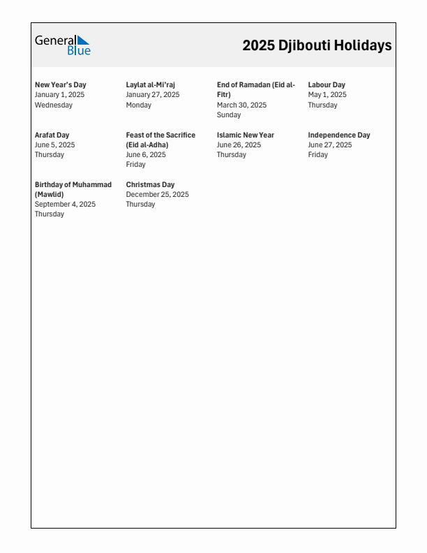 Free printable list of Djibouti holidays for year 2025