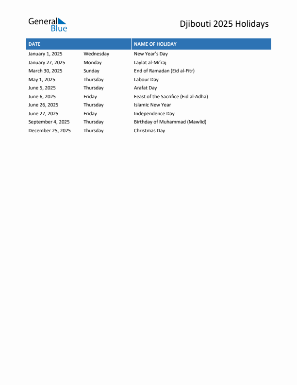 Free printable list of Djibouti holidays for year 2025