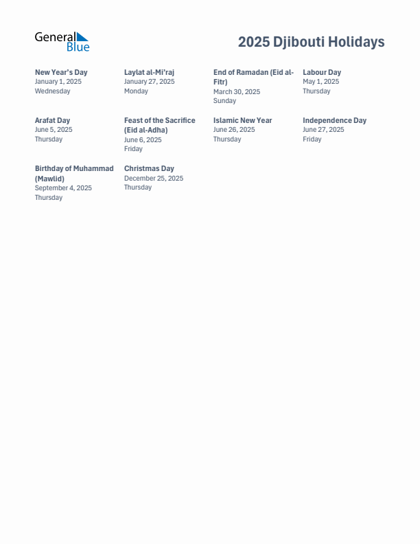 Free printable list of Djibouti holidays for year 2025