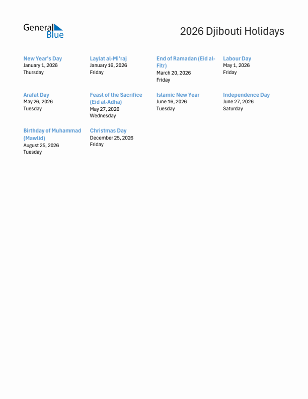 Free printable list of Djibouti holidays for year 2026