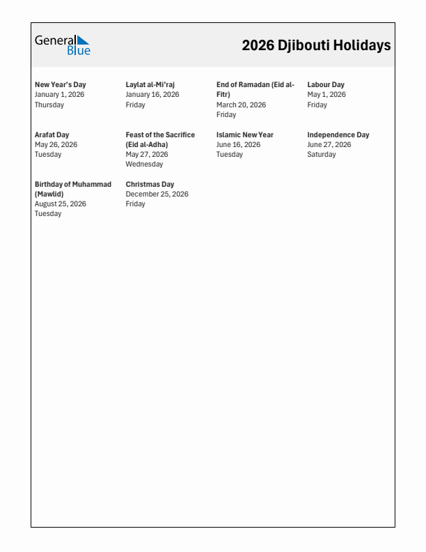 Free printable list of Djibouti holidays for year 2026