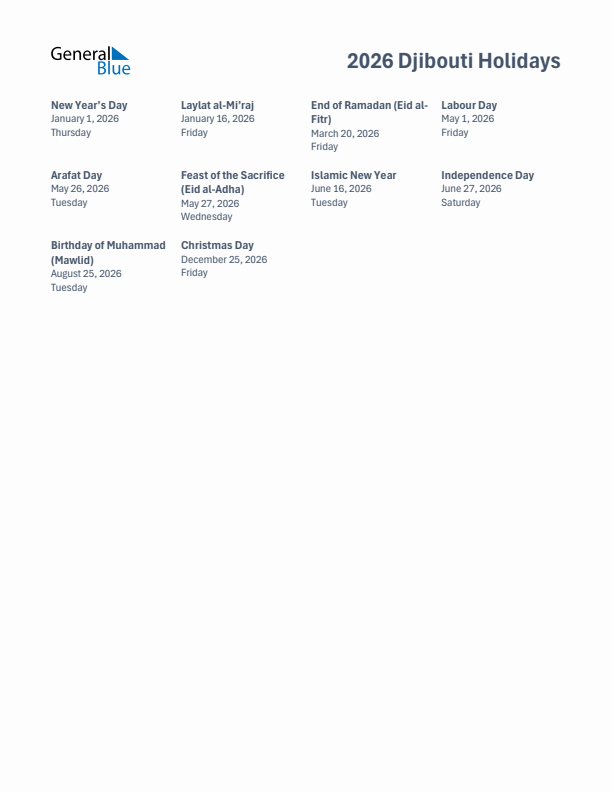 Free printable list of Djibouti holidays for year 2026
