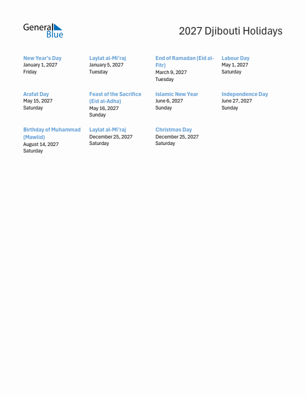 Free printable list of Djibouti holidays for year 2027