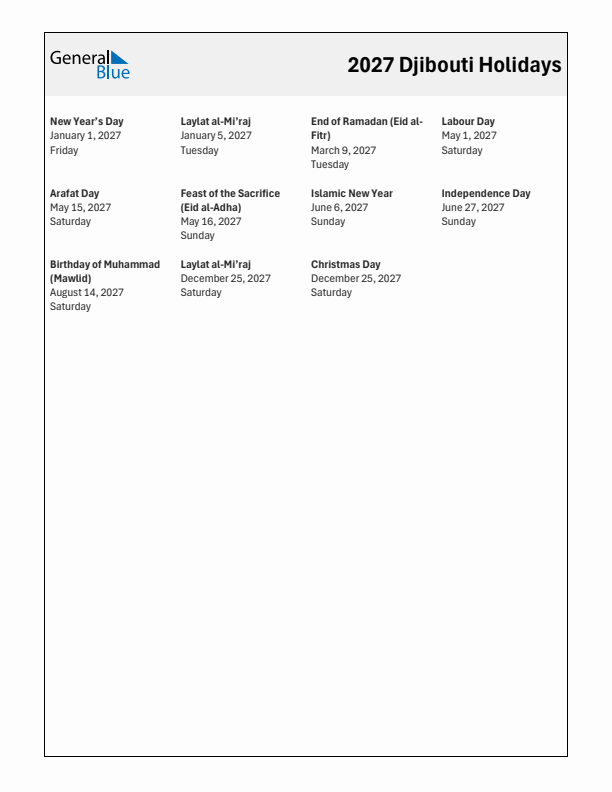 Free printable list of Djibouti holidays for year 2027
