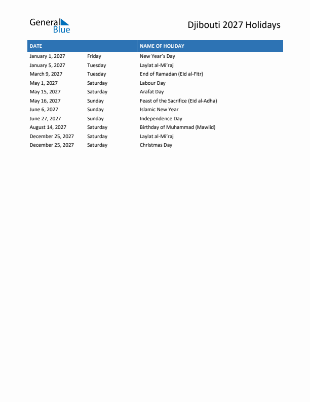 Free printable list of Djibouti holidays for year 2027