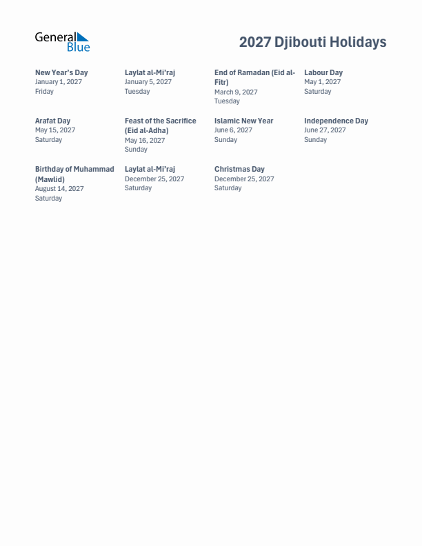Free printable list of Djibouti holidays for year 2027