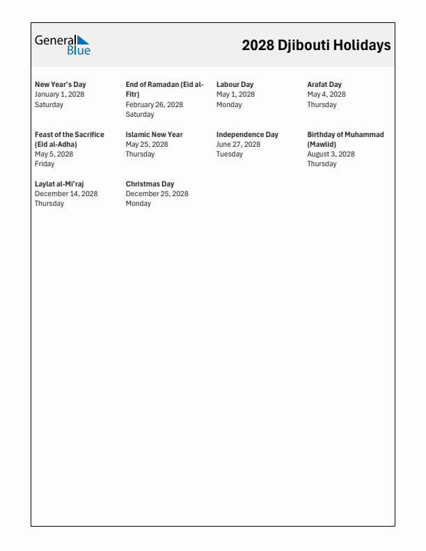 Free printable list of Djibouti holidays for year 2028