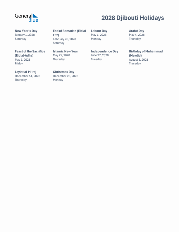 Free printable list of Djibouti holidays for year 2028