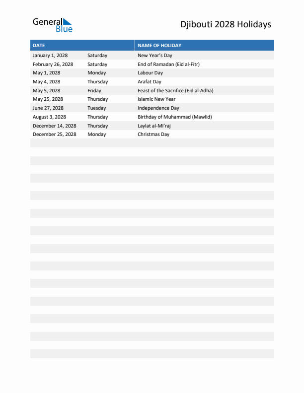 Free printable list of Djibouti holidays for year 2028