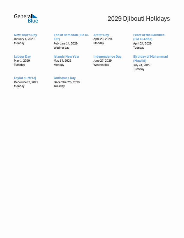 Free printable list of Djibouti holidays for year 2029