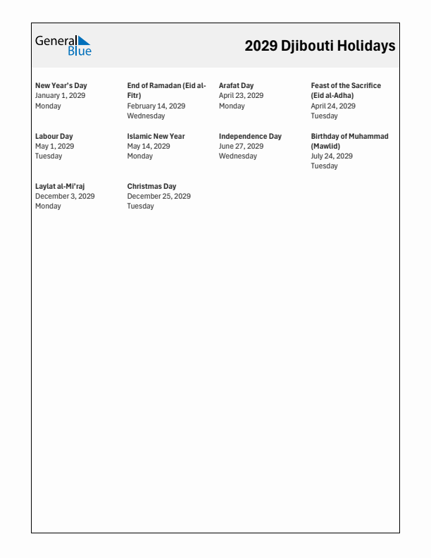 Free printable list of Djibouti holidays for year 2029