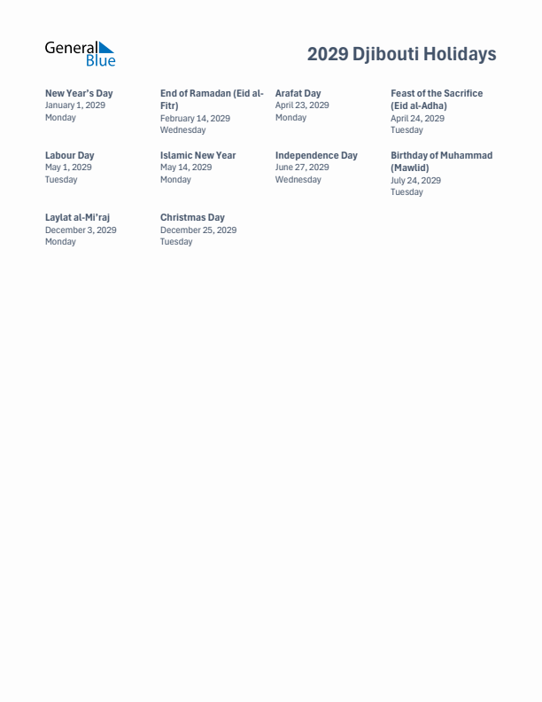 Free printable list of Djibouti holidays for year 2029