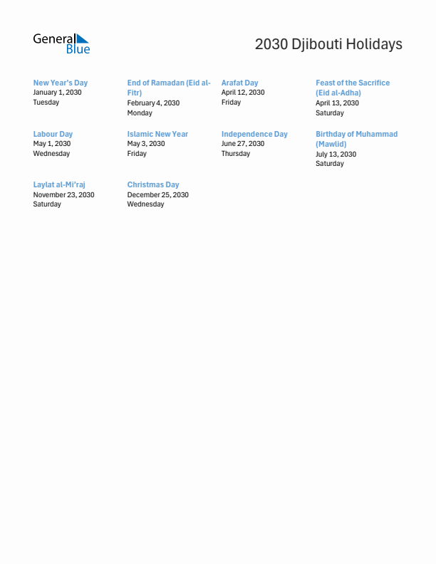 Free printable list of Djibouti holidays for year 2030
