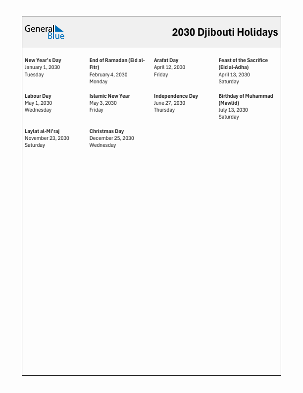 Free printable list of Djibouti holidays for year 2030