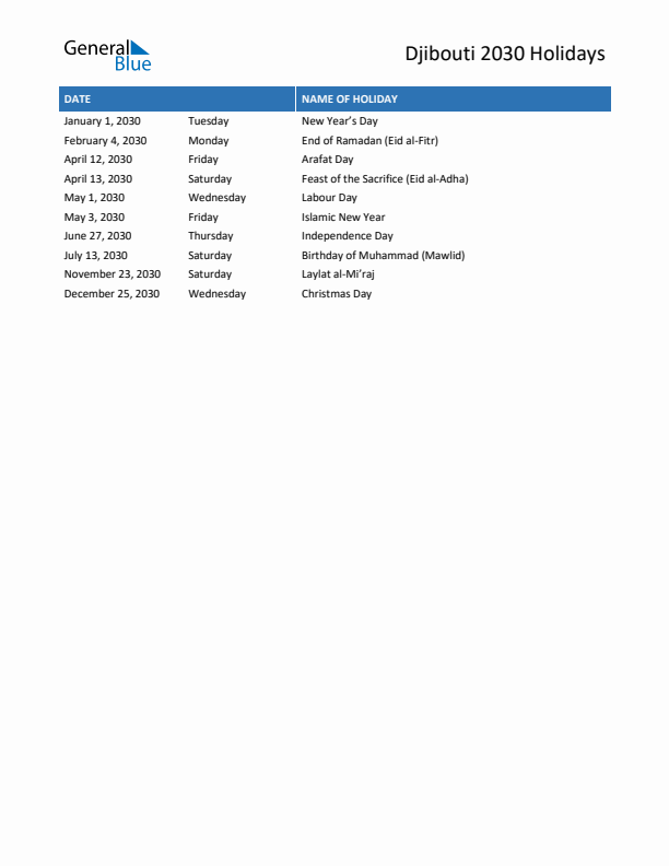 Free printable list of Djibouti holidays for year 2030