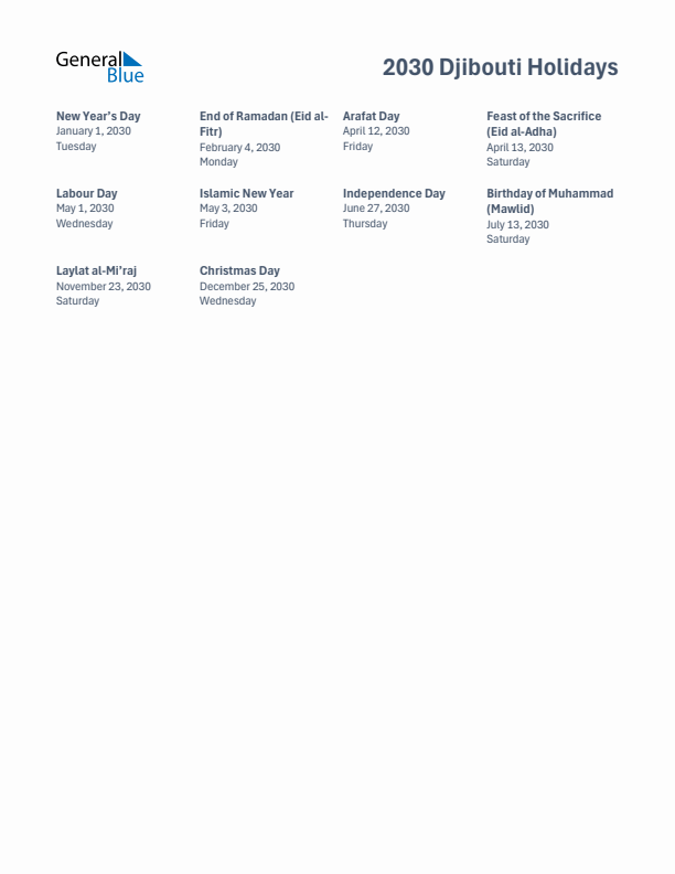 Free printable list of Djibouti holidays for year 2030
