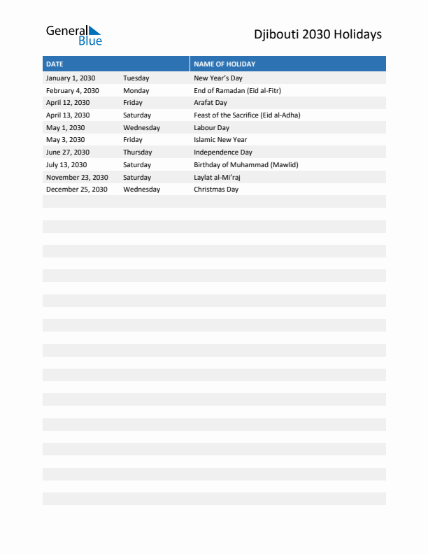 Free printable list of Djibouti holidays for year 2030