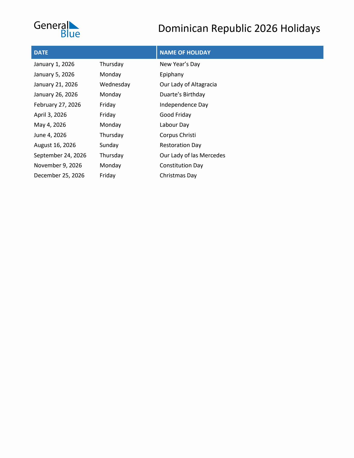 2026 Dominican Republic List of Holidays in PDF, Word, and Excel