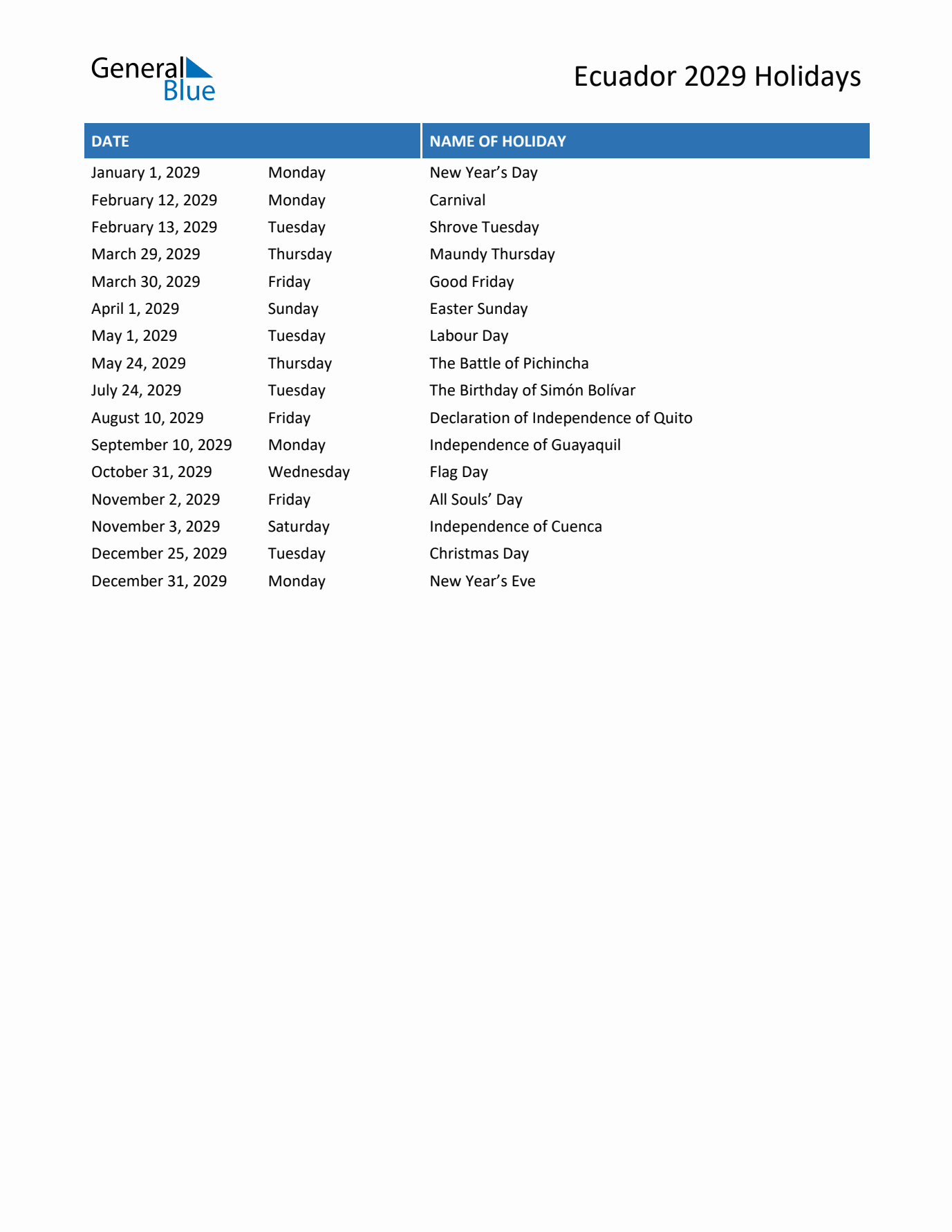2029 Ecuador List of Holidays in PDF, Word, and Excel