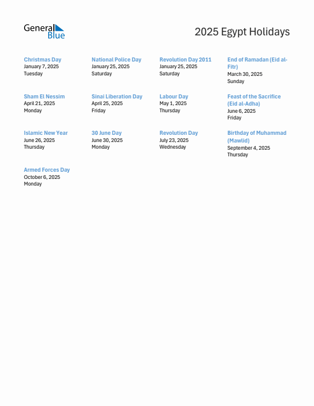Free printable list of Egypt holidays for year 2025