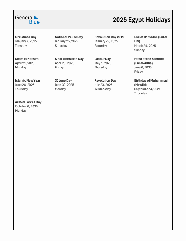 Free printable list of Egypt holidays for year 2025