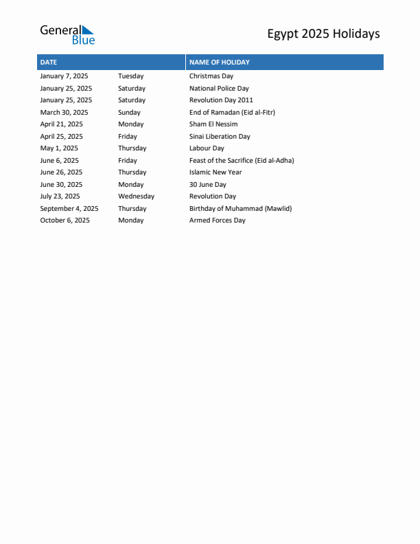 Free printable list of Egypt holidays for year 2025