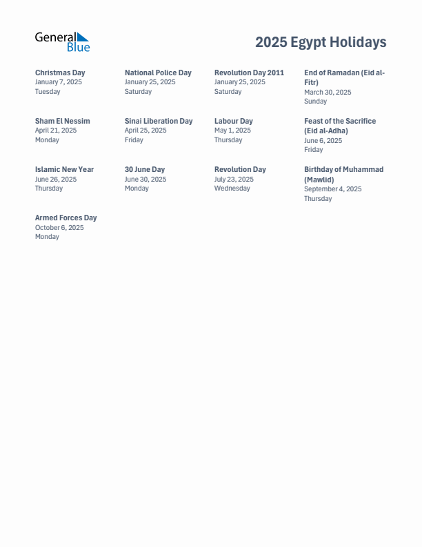 Free printable list of Egypt holidays for year 2025