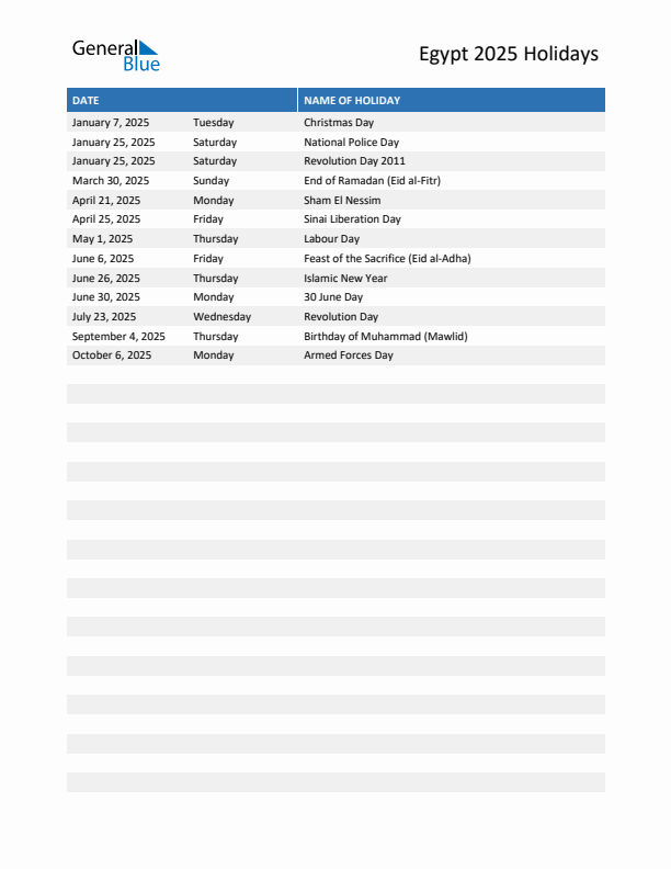 Free printable list of Egypt holidays for year 2025