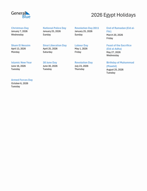Free printable list of Egypt holidays for year 2026