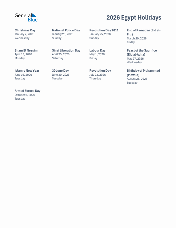 Free printable list of Egypt holidays for year 2026