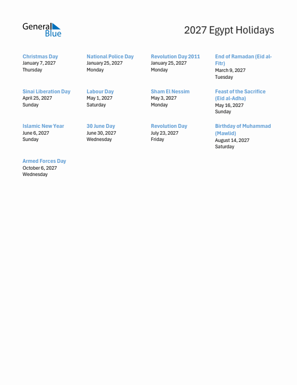 Free printable list of Egypt holidays for year 2027