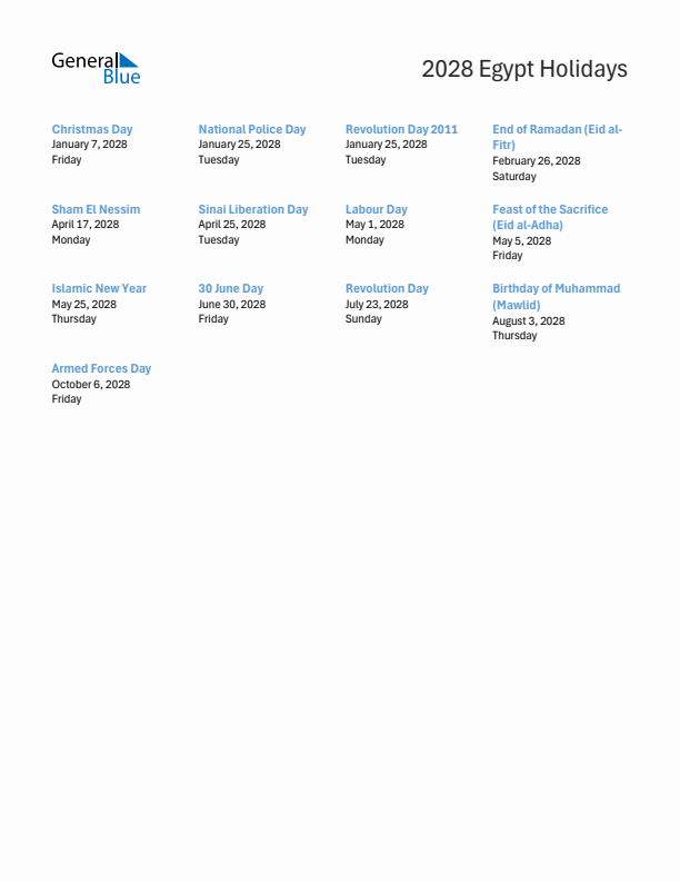 Free printable list of Egypt holidays for year 2028