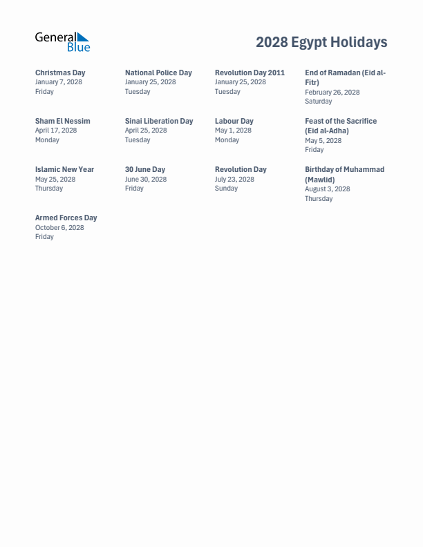 Free printable list of Egypt holidays for year 2028