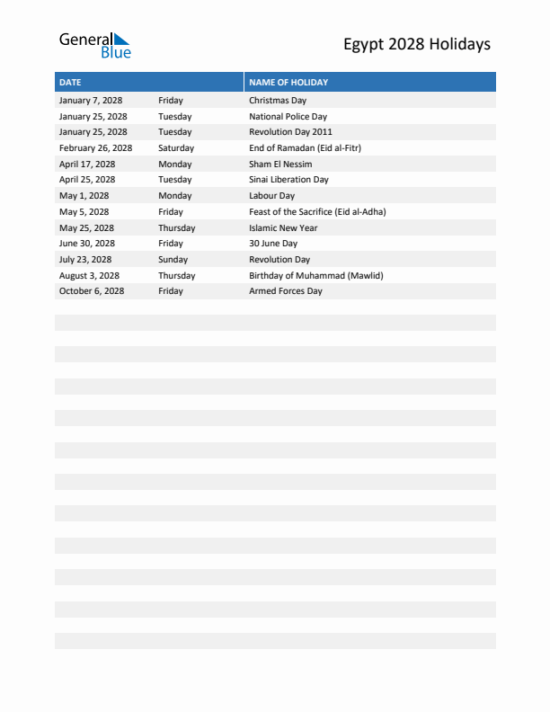 Free printable list of Egypt holidays for year 2028