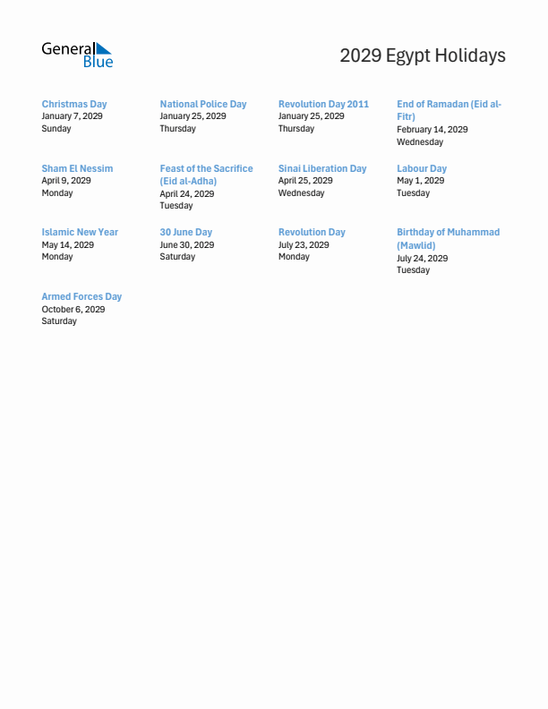 Free printable list of Egypt holidays for year 2029