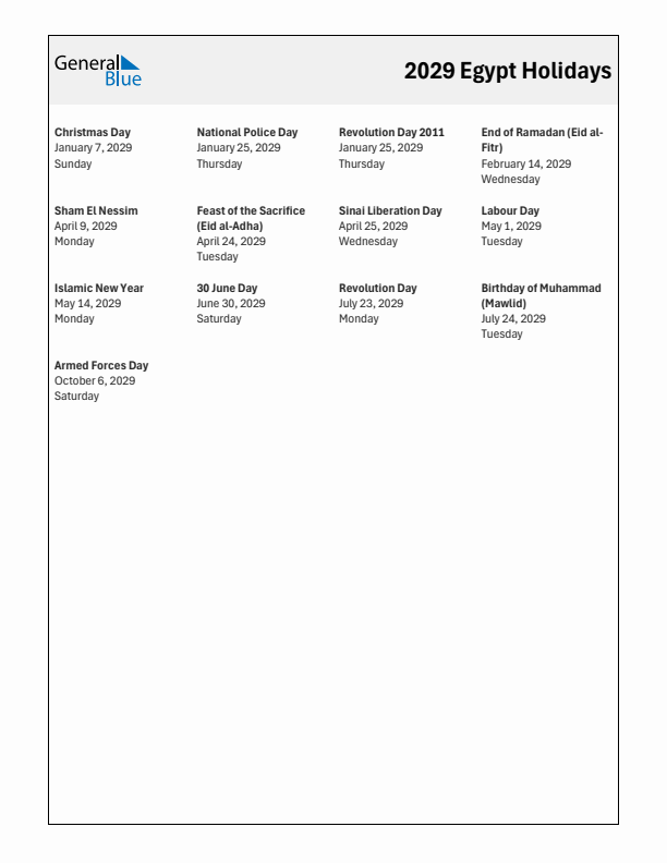 Free printable list of Egypt holidays for year 2029