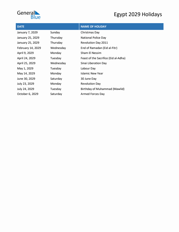 Free printable list of Egypt holidays for year 2029