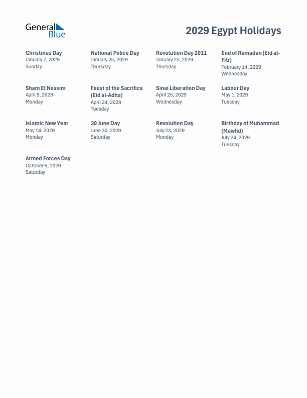 Free printable list of Egypt holidays for year 2029