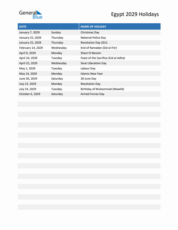 Free printable list of Egypt holidays for year 2029