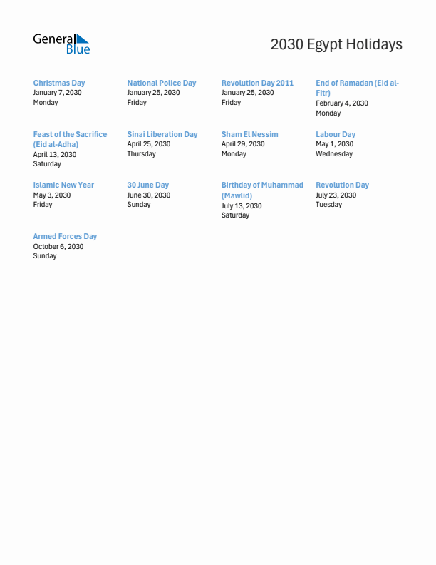 Free printable list of Egypt holidays for year 2030