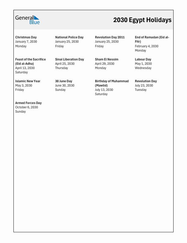Free printable list of Egypt holidays for year 2030