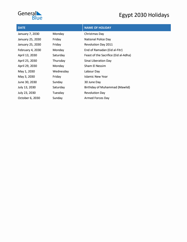Free printable list of Egypt holidays for year 2030