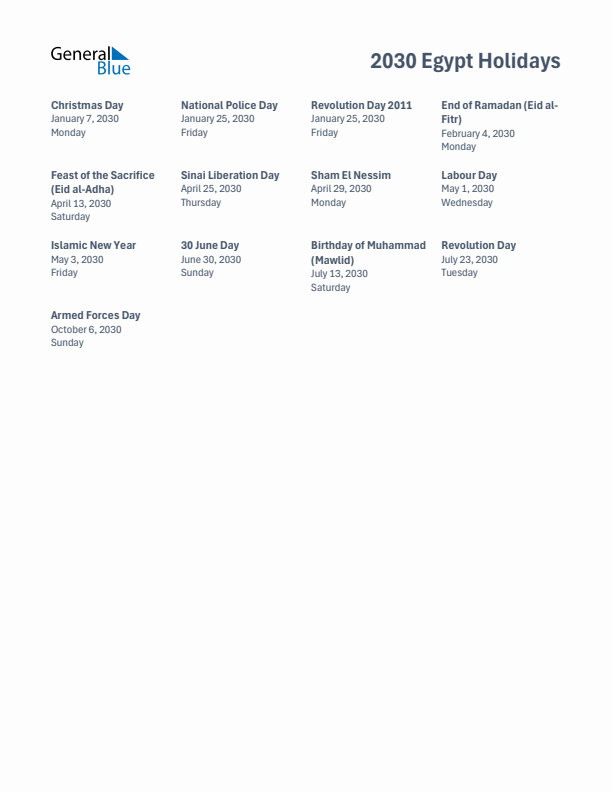Free printable list of Egypt holidays for year 2030