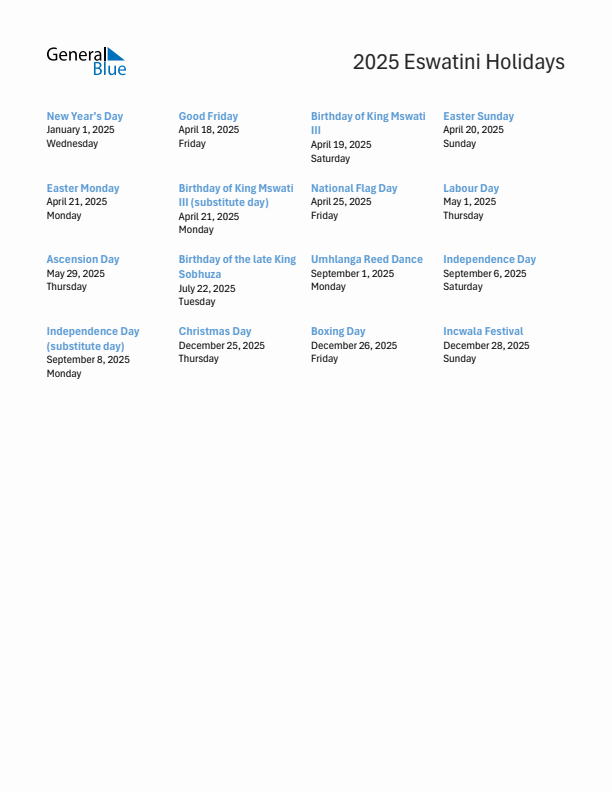 Free printable list of Eswatini holidays for year 2025