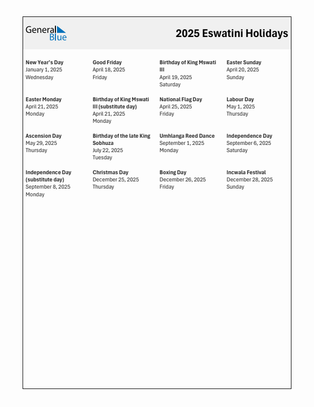 Free printable list of Eswatini holidays for year 2025