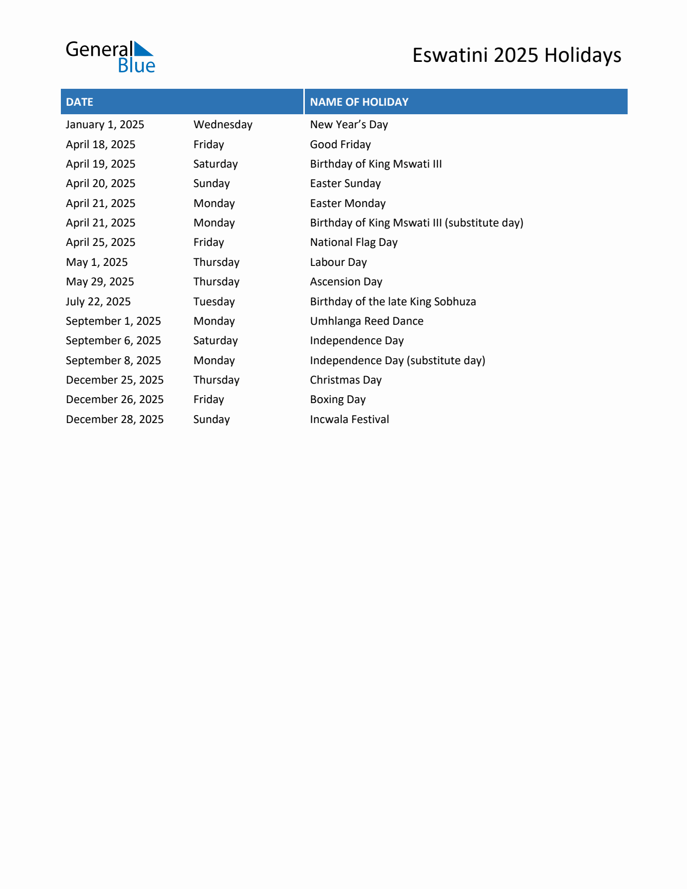 2025 Eswatini List of Holidays in PDF, Word, and Excel